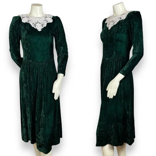 Vintage Crushed Velvet Dress Green Lace Collar Lanz Long Sleeve Christmas Party‎ - Image 2