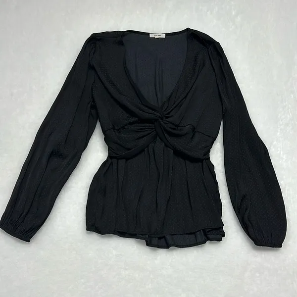 Anthropologie Pleione Twist Front Black Blouse SZ Medium Satin Long sleeve - Image 2