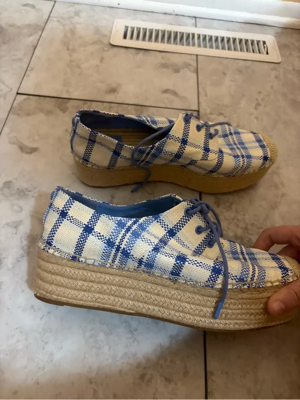 Tory Burch Florence Plaid Platform Espadrilles in Blue & White Jute - Image 7