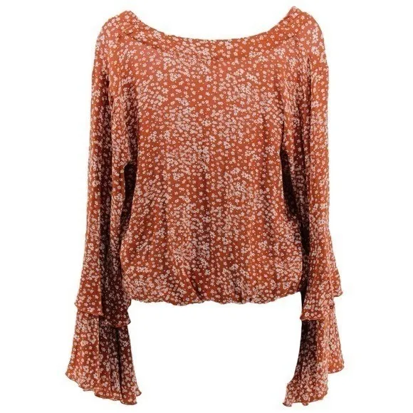 Free People Orange Ditsy Floral Lace Bell Sleeve Bodysuit Feminine Festival S - Image 6