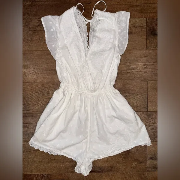 American Eagle Outfitters Eyelet Ruffle White Backless Romper - Image 3