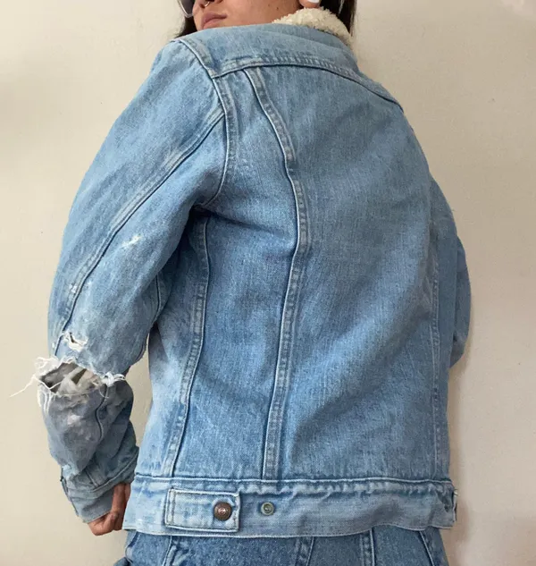 Levi's Vintage Destroyed Sherpa Denim Jacket in Medium Wash - Image 3