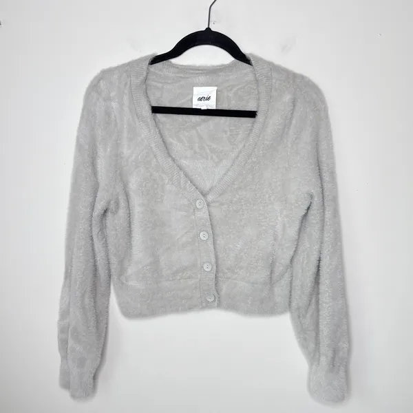 Aerie Fuzzy‎ Cropped Cardigan Stone Deep V-Neck Button Front Small Soft #2926 - Image 4