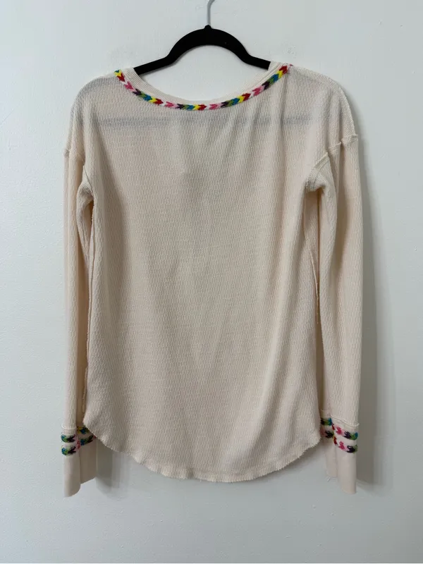 {S} We the Free Free People Cream Waffle Knit Henley Top with Multicolor Trim - Image 7