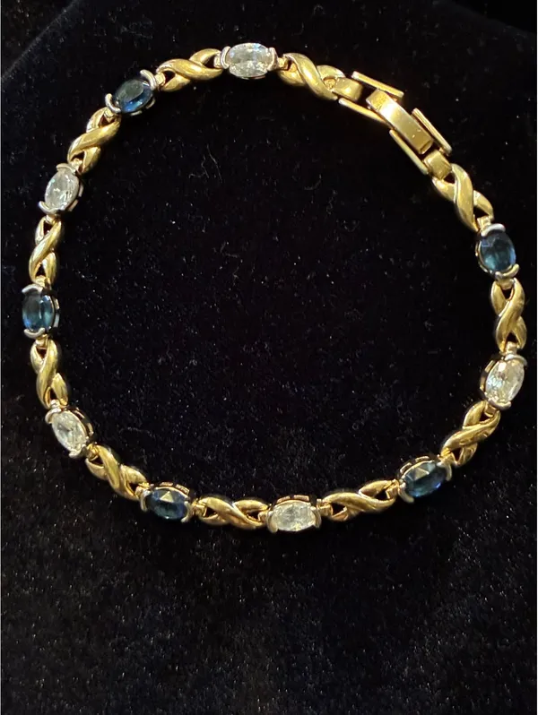 Vtg Gold-Tone Faux Sapphire & CZ Tennis Bracelet – Hugs & Kisses "X" Link 7.5” - Image 5