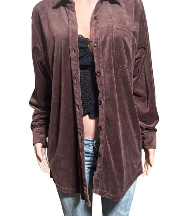 Pulp long sleeve button down velour coffee bean chest pocket shirt L - Image 2