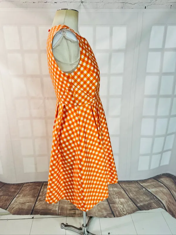 Kate Spade Orange White Plaid Tallulah Gingham Silk Blend Sleeveless Dress Sz 6 - Image 4