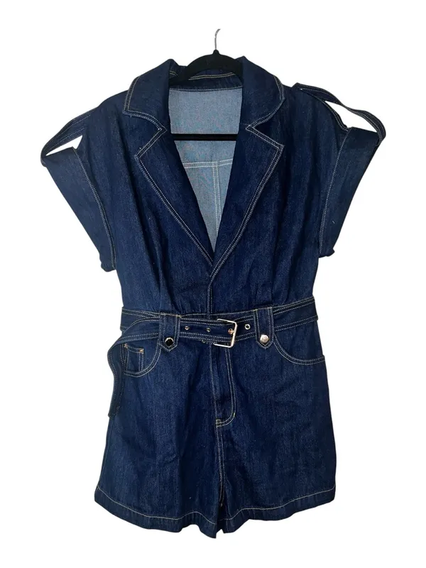 Commense Denim Belted Collar Romper NWT Navy Relaxed Fit Belted Shorts Medium - Image 4