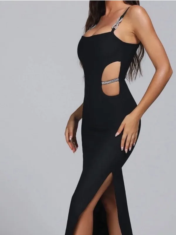 Bella Barrett Bodycon Black Cutout Evening Gown with Rhinestone Straps - Image 7
