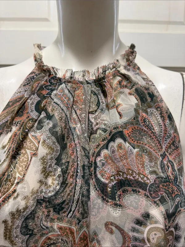 Veronica Beard 100% Silk Paisley Halter Tank - Green, Cream, Coral Size 8 - Image 4