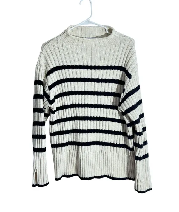 ZARA Medium Ivory & Black Ribbed Knit Striped Sweater Medium - Image 2