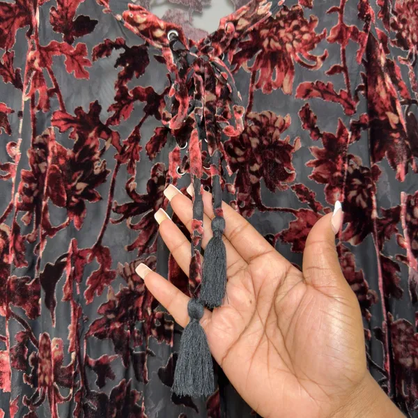 Shyanne Women Velvet Burnout Blouse Top XL Burgundy Floral Paisley Lace Up Sheer - Image 7