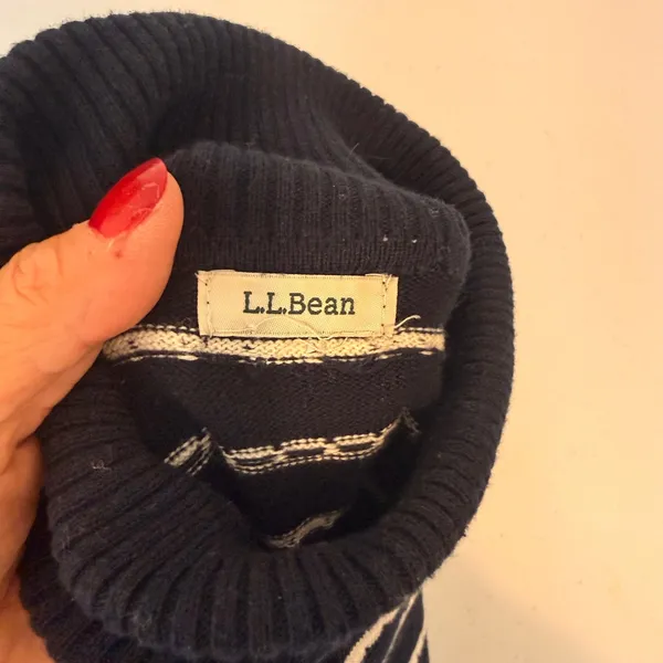 LL Bean Womens Cotton Cashmere Sweater Navy Blue White Fair Isle Turtleneck - Image 3