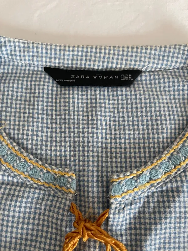 ZARA Woman Boho Embroidered Gingham Blouse - light Blue & White - Image 14