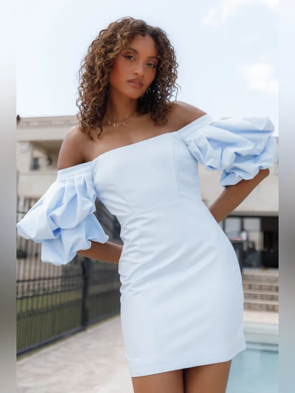 NEW Petal + Pup Fern Puff Sleeve Off Shoulder Mini Dress in Icy Blue - Image 11