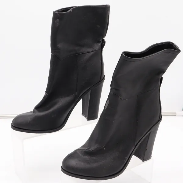Black Faux Leather Mid-Calf Block Heel Boots Round Toe Size 9 Slouchy Pull On - Image 2