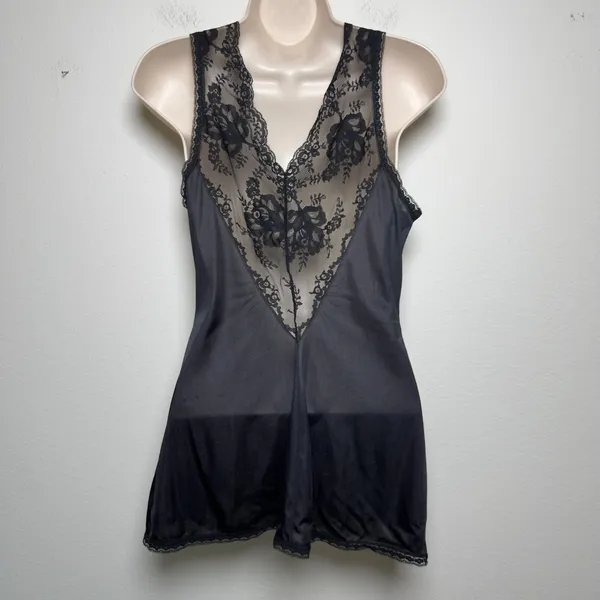 American Vintage VTG 60s Jenelle of California Women Black Lace Cami Top Sheer Tie Front Floral - Image 3