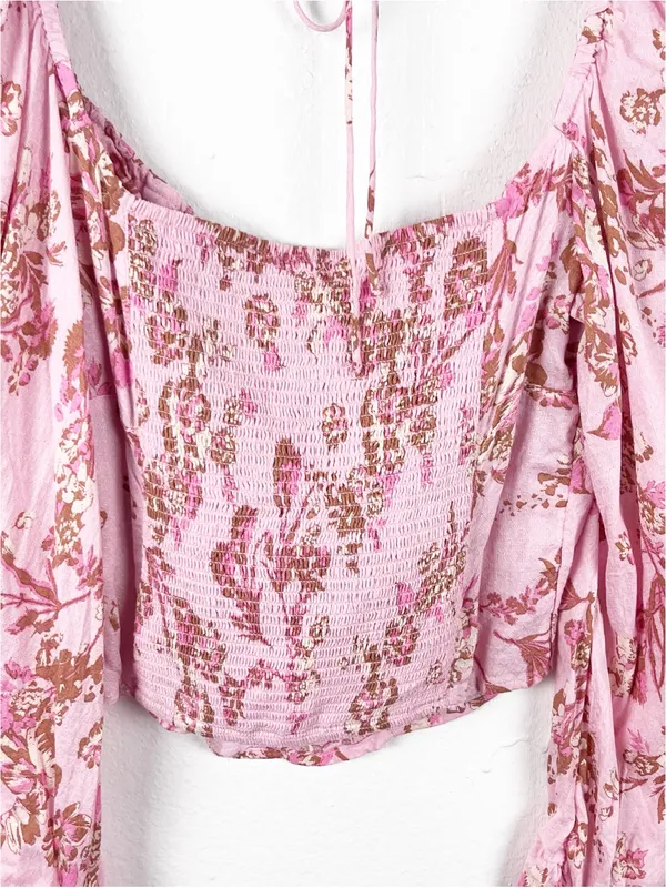 FREE PEOPLE Hilary Pink Floral Tie Closures Ruched Front Puff Sleeves Top Small - Image 7
