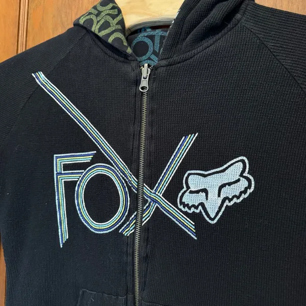 Vintage Fox Racing Reversible Hoodie Women L Waffle Knit Graphic Zip Up Y2K - Image 8