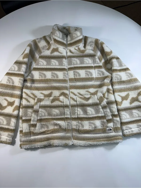 The North Face Cream & Tan Patterned Teddy Zip Jacket - Image 2