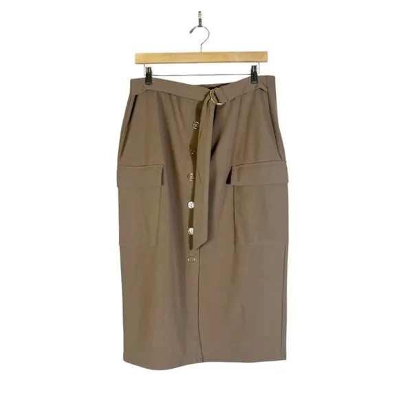 NYCC Button Front Belted Midi Skirt Womens L Taupe Stretch‎ Utility Corporate - Image 2
