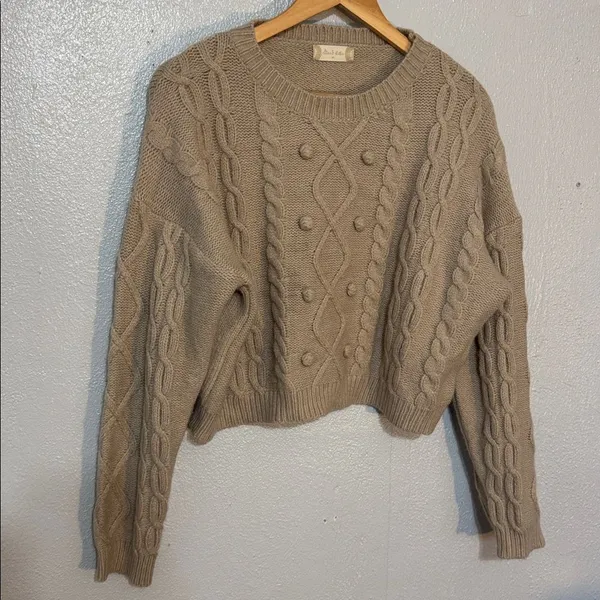 Altar'd State Beige Cropped Cable Knit Chunky Bobble Sweater Cozy Preppy Pom M - Image 3