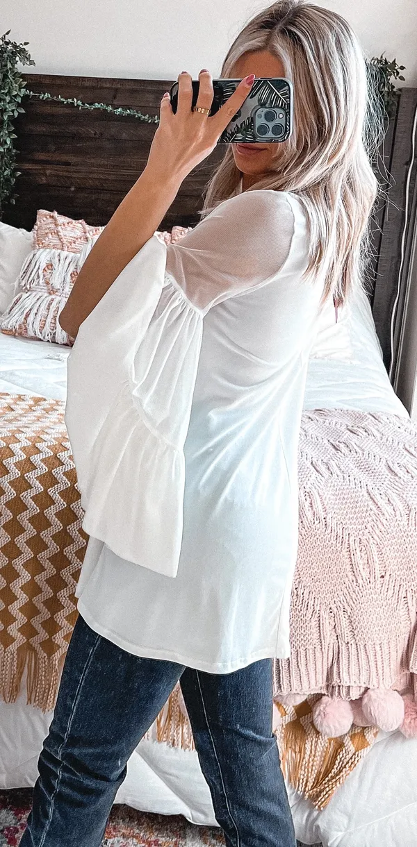 Dillard's White Longsleeve With Flowy Mesh Sleeves - Image 4