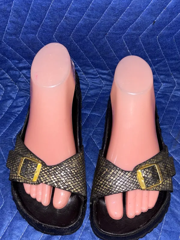 Birkenstock Madrid Python Black Microfiber Gold Buckle Slide Sandals 38 7.5 - Image 2