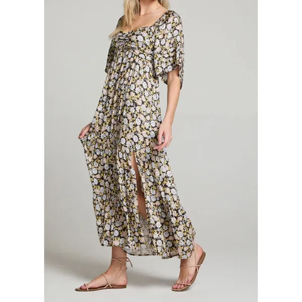 Saltwater Luxe Kathryn Floral Short Puff Sleeve Midi Dress Tan Large - Image 2