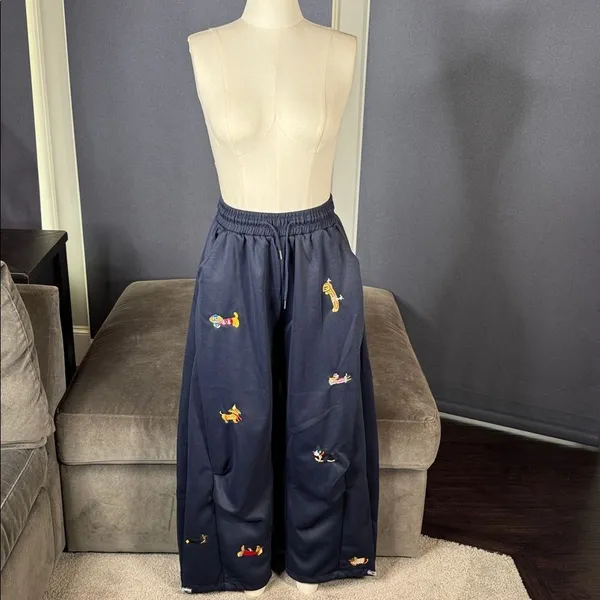 Unisex Blue Embroidered Puppy Baggy Sweatpants Y2K Wide Leg Pant Lantern Trouser - Image 13