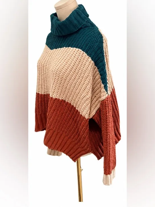 POL Oversized Chunky Knit Color Block Turtleneck Sweater Teal Cream Rust Medium - Image 2
