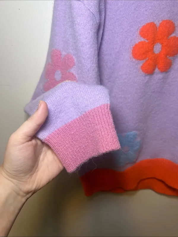 easel Lavender Crewneck Sweater with Multicolor Floral Appliqués - Image 2