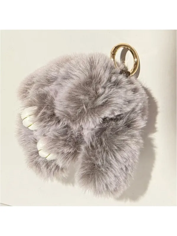 NEW Gray Faux Fur Bunny Rabbit Bag Charm Keychain with Gold Silver Ring Clips - Image 4