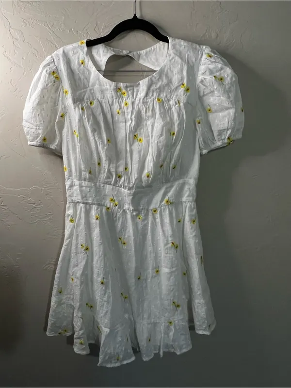 For Love & Lemons Abby White Yellow Floral Embroidered Open Back Mini Dress - Image 2
