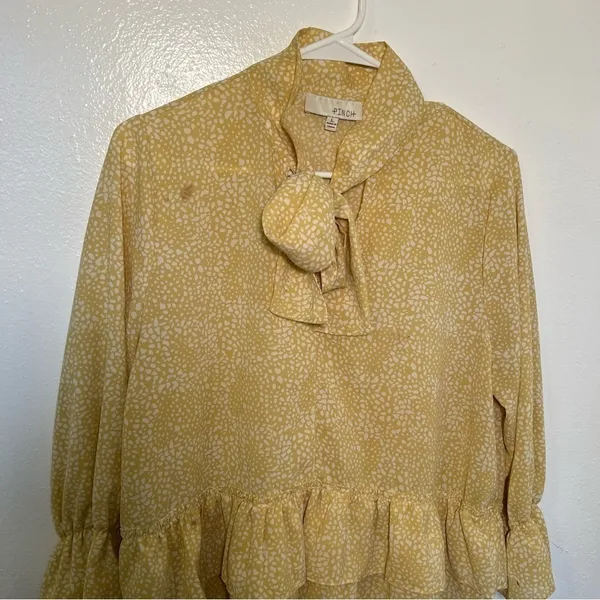 Pinch Womens Size Large Ruffle Dress Yellow White Geometric Dot Pattern Neck Tie - Image 3