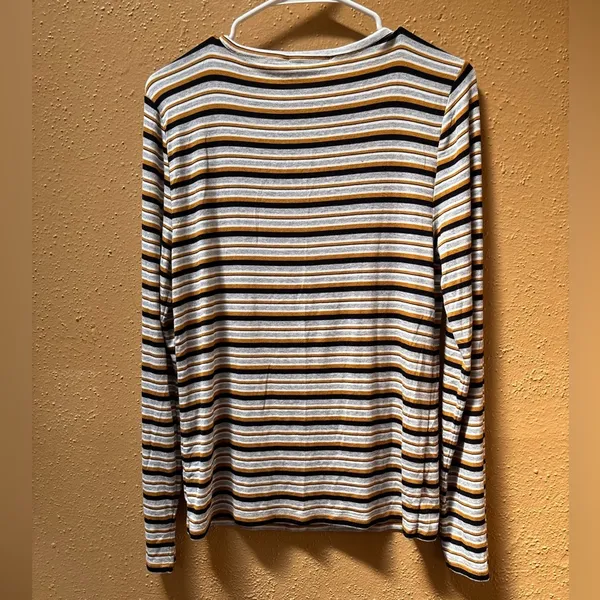 Loft Striped Long Sleeve Scoop Neck Top Mustard Black Grey White Ribbed Large - Image 4