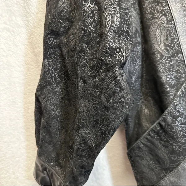 Vintage 80s Wilsons Black Leather Paisley Print Long Sleeve Coat‎ Size M - Image 4