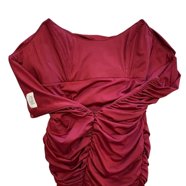 Oh Polly Forever Yours Ruched Bodycon Bandeau Midi Dress in Dark Red Style 2268 - Image 10