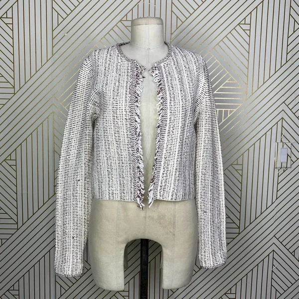 Theory Galinne Speckle Boucle Knit Fringe Sweater Jacket Cream Red Size Small‎ - Image 3