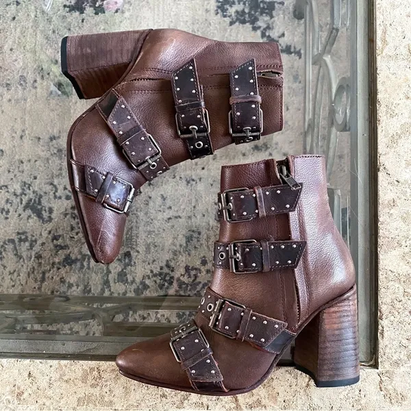 Freebird by Steven Boot Joust Ankle‎ Buckle Studded Leather Heeled Boho Brown 6 GUC - Image 3