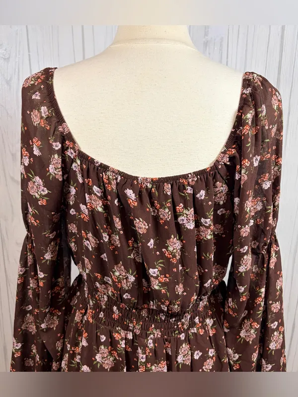 LIVE TO BE SPOILED Y2K Brown Chiffon Pink Floral Long-Sleeve Ruffled Mini Dress‎ - Image 7