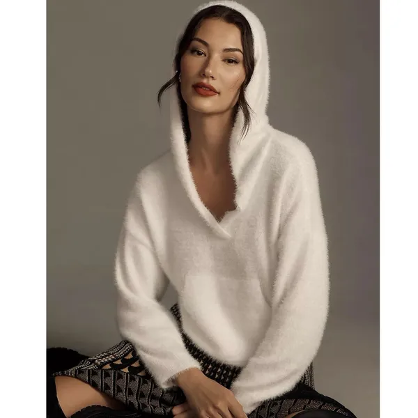 Pilcro Eyelash Hoodie‎ Sweater Cozy Chic Effortless Size Medium White Loungewear - Image 2
