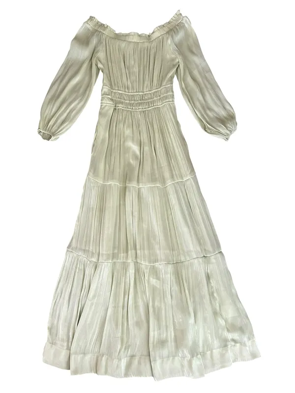 Anthropologie Somerset Women’s Off-Shoulder Shimmer Green Maxi Dress Size XXS - Image 2