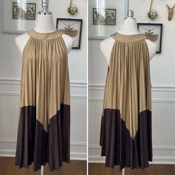 Free People Pleated Love Trapeze Mini Dress Metallic Gold Brown XS - Image 2