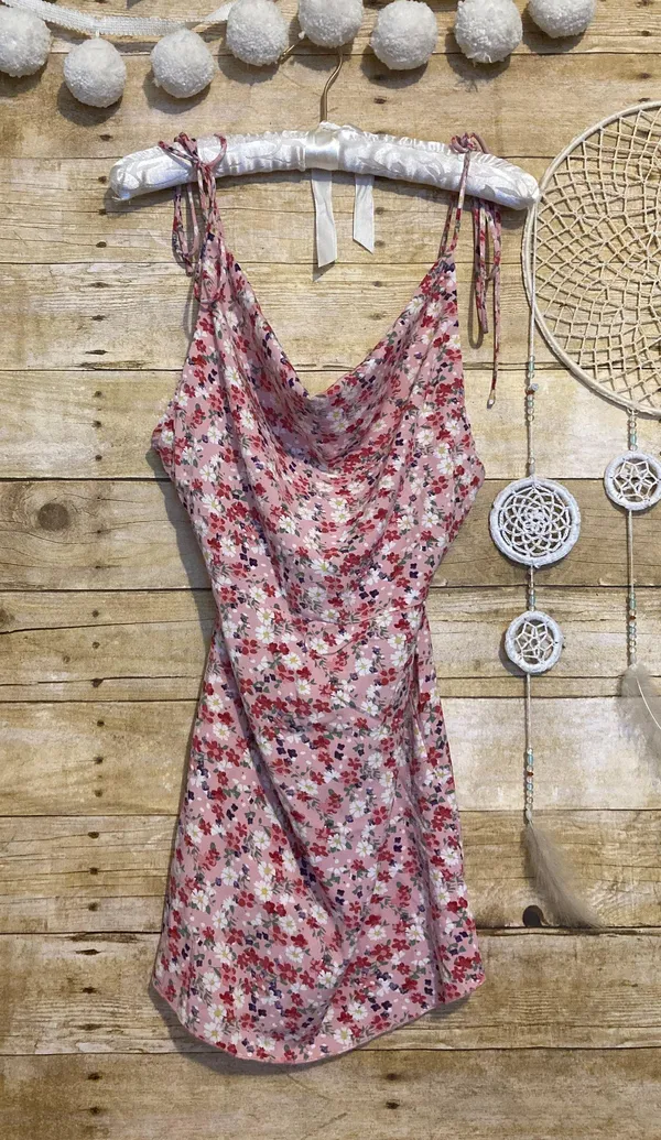 Beginning Boutique Your LA Catch Cowl Neck Mini Dress in Pink Floral - Image 7
