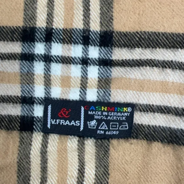 V. Fraas Scarf Womens One Size Beige Plaid Cashmink Acrylic Fringe Germany - Image 3