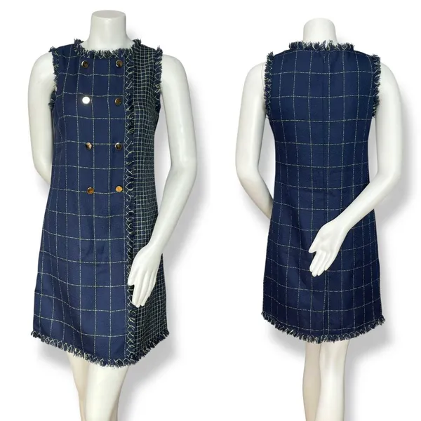 Julia Jordan Dress Shift Woven Navy Blue Decorative Buttons Sz 4 Raw‎ Edges Mini - Image 5