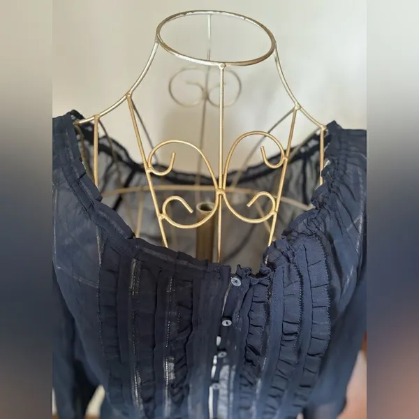 Abercrombie & Fitch Sheer Ruffle Button Blouse Size XS Navy - Image 4