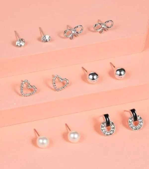 NEW - 6 pairs of stud earrings, bow jewelry, heart earrings, pearl earrings, minimalist jewelry silver - stocking stuffer - Image 2