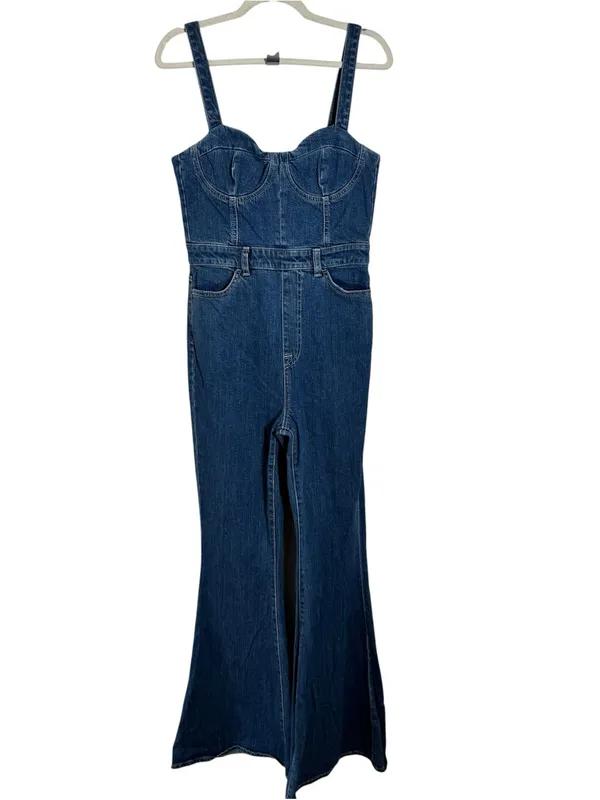 7 For All Mankind Beauty Denim Mega Flare Jumpsuit in Diana Blue Size M - Image 4